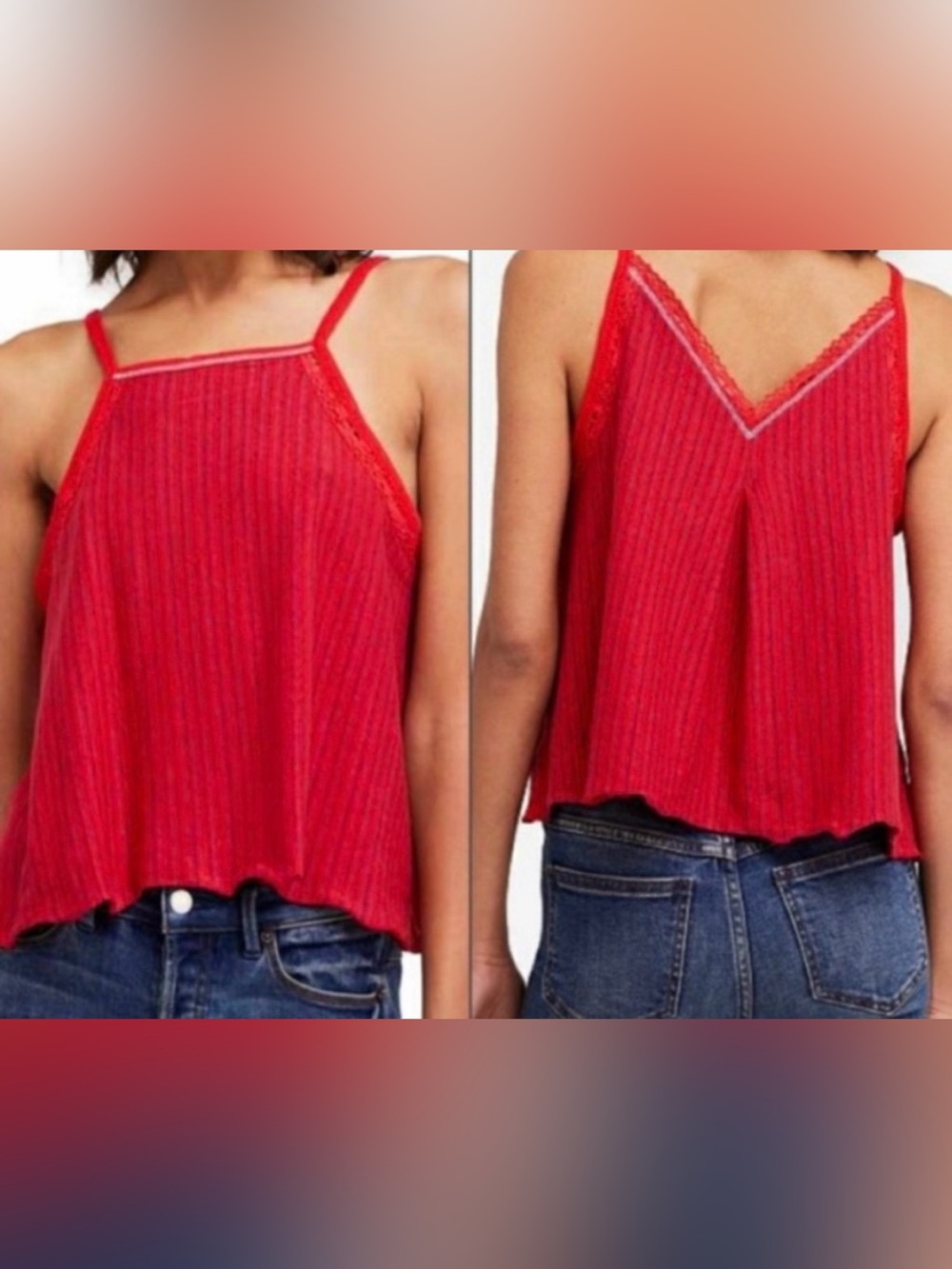 We The Free Ana High Neck Red Ribbed Lace-Trim Tank Size XS